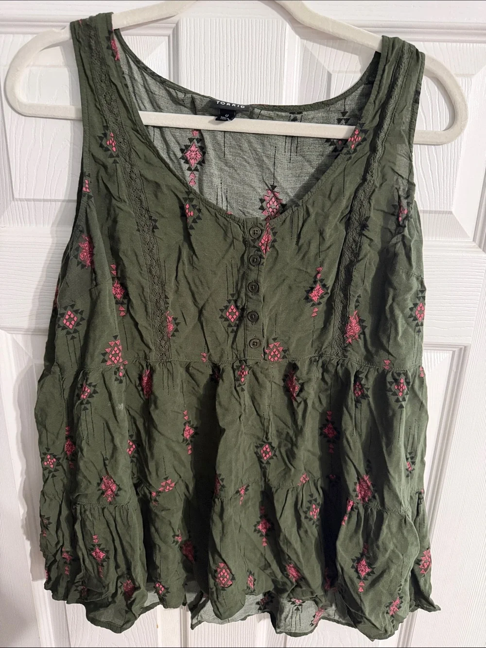 torrid Olive Green Tank with Pink Embroidered Motifs